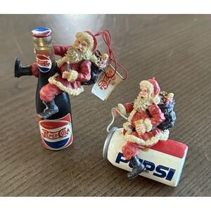 2 Vintage Possible Dreams Santa Riding Pepsi Can & Bottle Ornaments